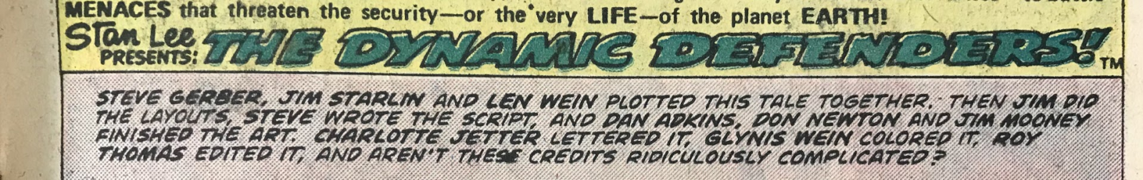 Example comic book credits, which are presented in a lengthy, narrative form instead of the usual list.